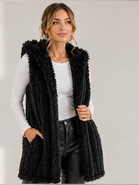 Kristen Blake Black Faux Fur Longline Hooded Vest
